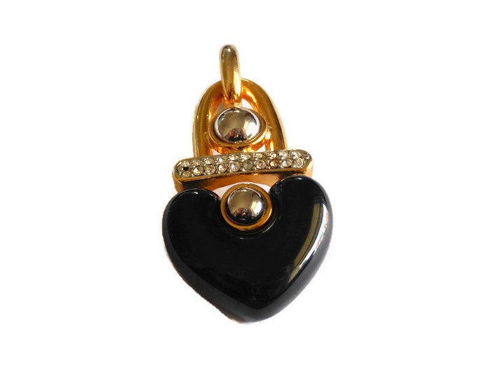 FREE SHIPPING 1980s heart pendant, black heart with rhinestone bar and gold and silver half ball embellishments