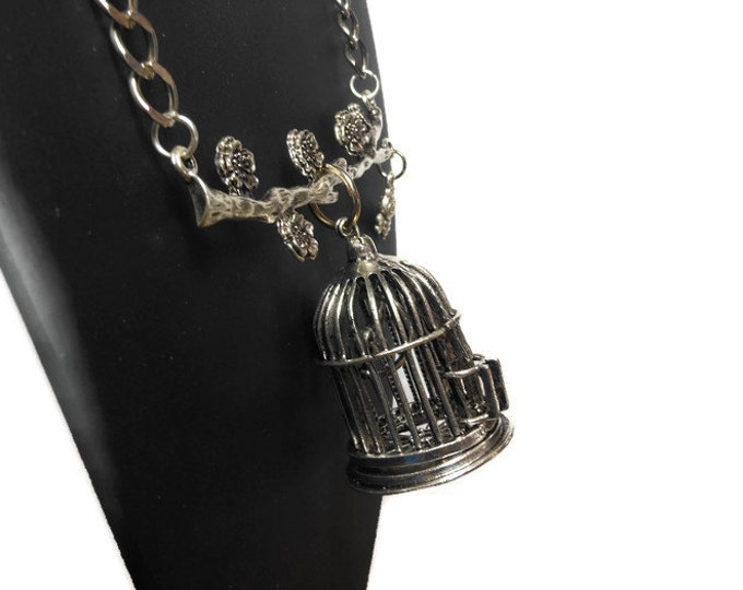 Large birdcage pendant, antiqued silver-finished, 42x36mm birdcage focal, on a branch with flowers with a dangling bumble bee necklace