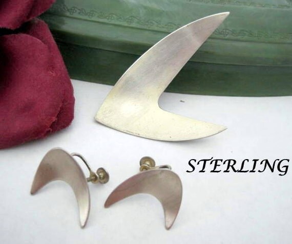 Sterling Silver Brooch Earrings - Boomerang Style - Mid Century Pin Earrings