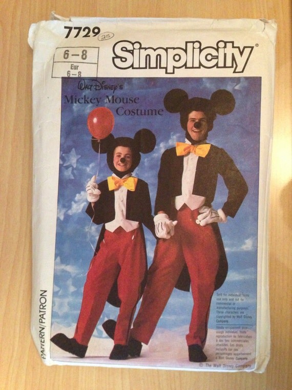 Simplicity 7729 Sewing Pattern 80s Childrens Mickey Mouse Costume Size 6-8