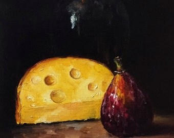 Fig and Wine Oil Painting by Nina R.Aide Sale Original Fine Art Fruit Small Painting Traditional Classic Art Chiaroscuro