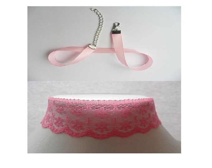 Pink satin and lace choker necklace set pick your neck size