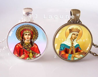Saint Anastasia or Saint Elena Icon Pendant, Glass Religious Pendant Necklace