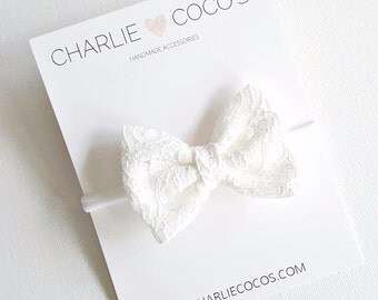 Baby/Girls White Lace Bow Headband, White Lace Hair Bow Clip by charliecocos
