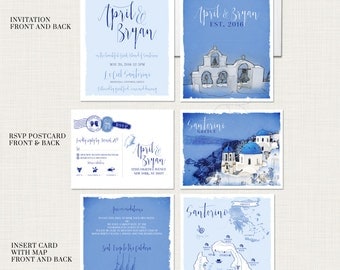 Destination wedding invitation set Santorini Greece Greek Island Invitation Suite European wedding - Illustrated invitation -Deposit Payment