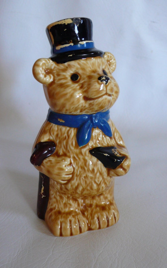 Vintage Ceramic Teddy Bear Bank in Top Hat and Cane Penny Bank