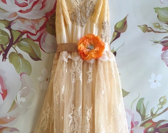 soft apricot taupe & cream chiffon and eyelash lace boho wedding dress by mermaid miss Kristin