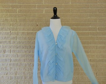 Vintage Blouse | 1950s | Powder Blue Ruffled Blouse | Medium/Large