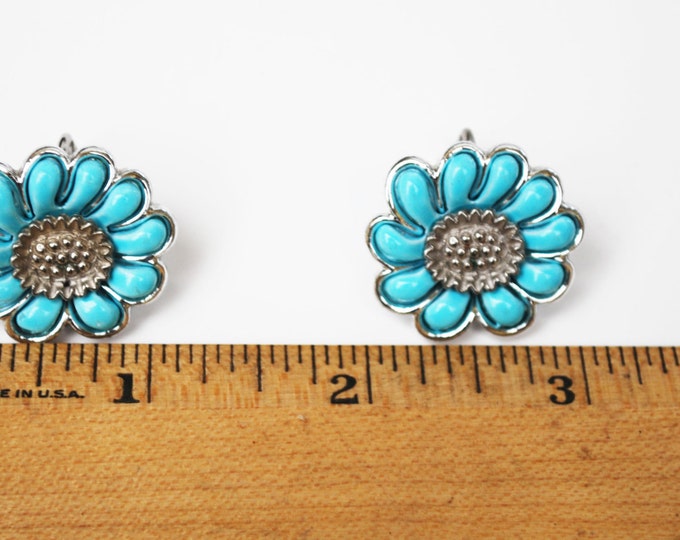Coro clip on Earrings Blue Thermoset silver Flower Mid Century