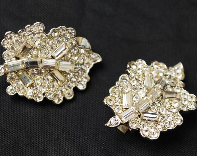 Clear Rhinestone earrings - open back silver - Floral Leaf - Clip on Earrings