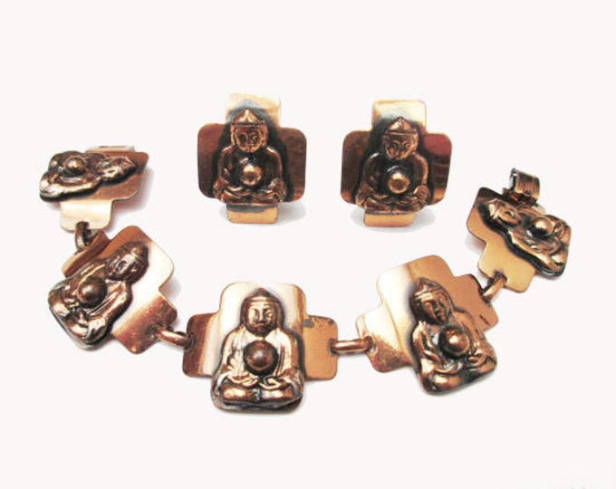 Buddha Copper link Bracelet and Earring Set - mid century- Boho style - clip on earrings