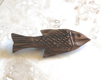 Olive wood fish brooch - wooden fish pin - carved wood fish brooch