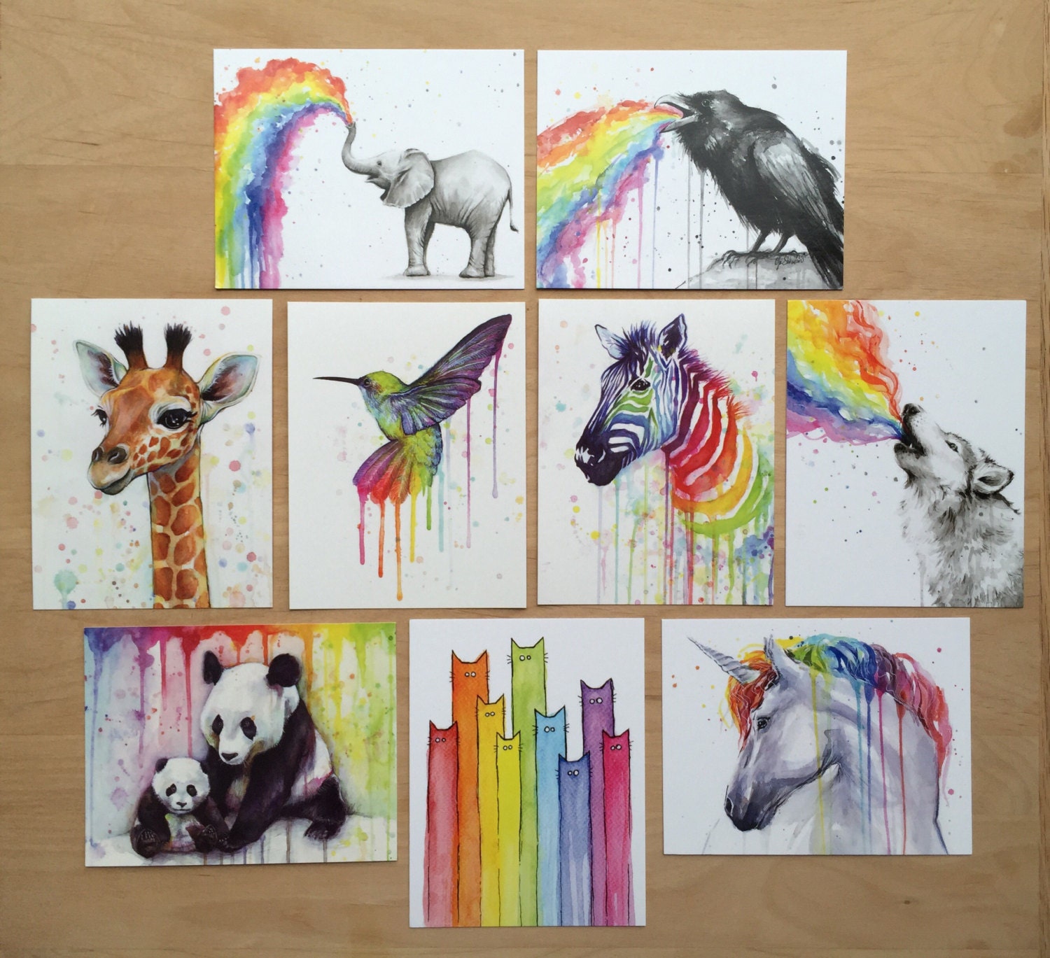 Watercolor Animals Rainbow Postcards Whimsical Animals