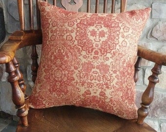 Natural & Rust Red Damask Print Burlap Pillow Cover - Various sizes