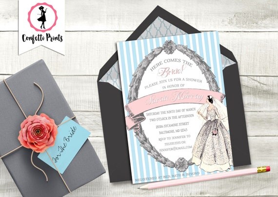 Vintage Bridal Shower Invitation | Bridal Shower Invite | Lace Bridal Shower | Shabby Chic Bridal Shower - HERE COMES The BRIDE Printable Il_570xn