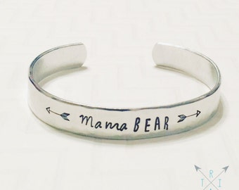 Mama Bear Bracelet - Hand Stamped - Personalized Bracelet - Arrow Bracelet - Silver Bangle Bracelet - Stacking Bracelet - Christmas Gift