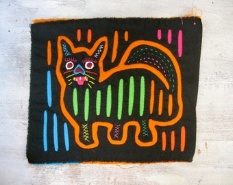 Black Cat Mola Hand Embroidery Kuna Indians Ethnic Folk Art 1970s Bohemian Halloween Cat Textile Art
