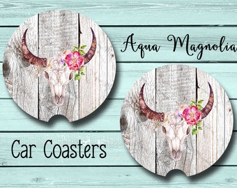 Bull Horns - Boho - Floral Skull - Car Coaster - Car Accessory - Cup Holder Coaster - Personalized