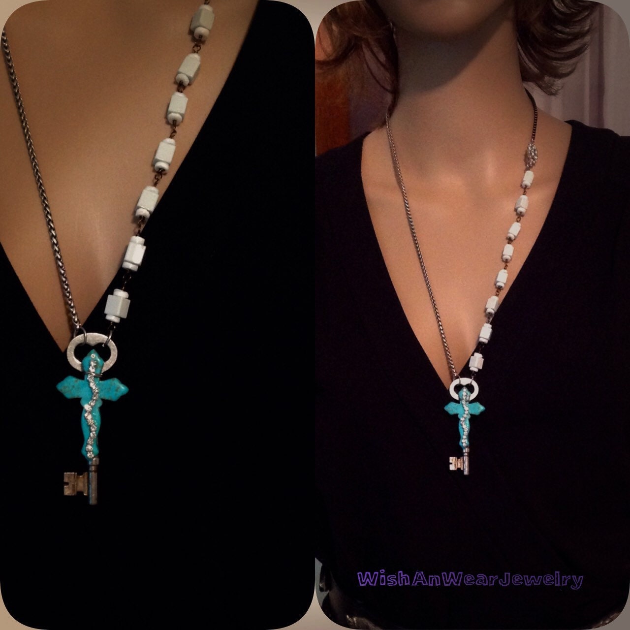 Funky Hip Turquoise Rhinestone Large Cross Assemblage Necklace