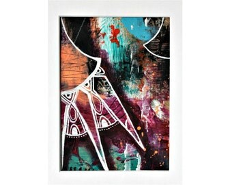 Falling and Flying - mixed media painting on paper, black white orange painting, white drawing