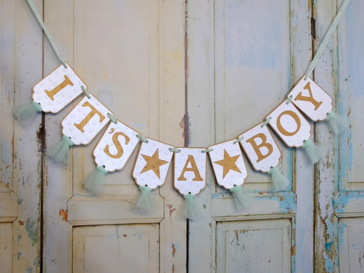 It's A Boy Banner with Stars Cream Mint and Gold Banner
