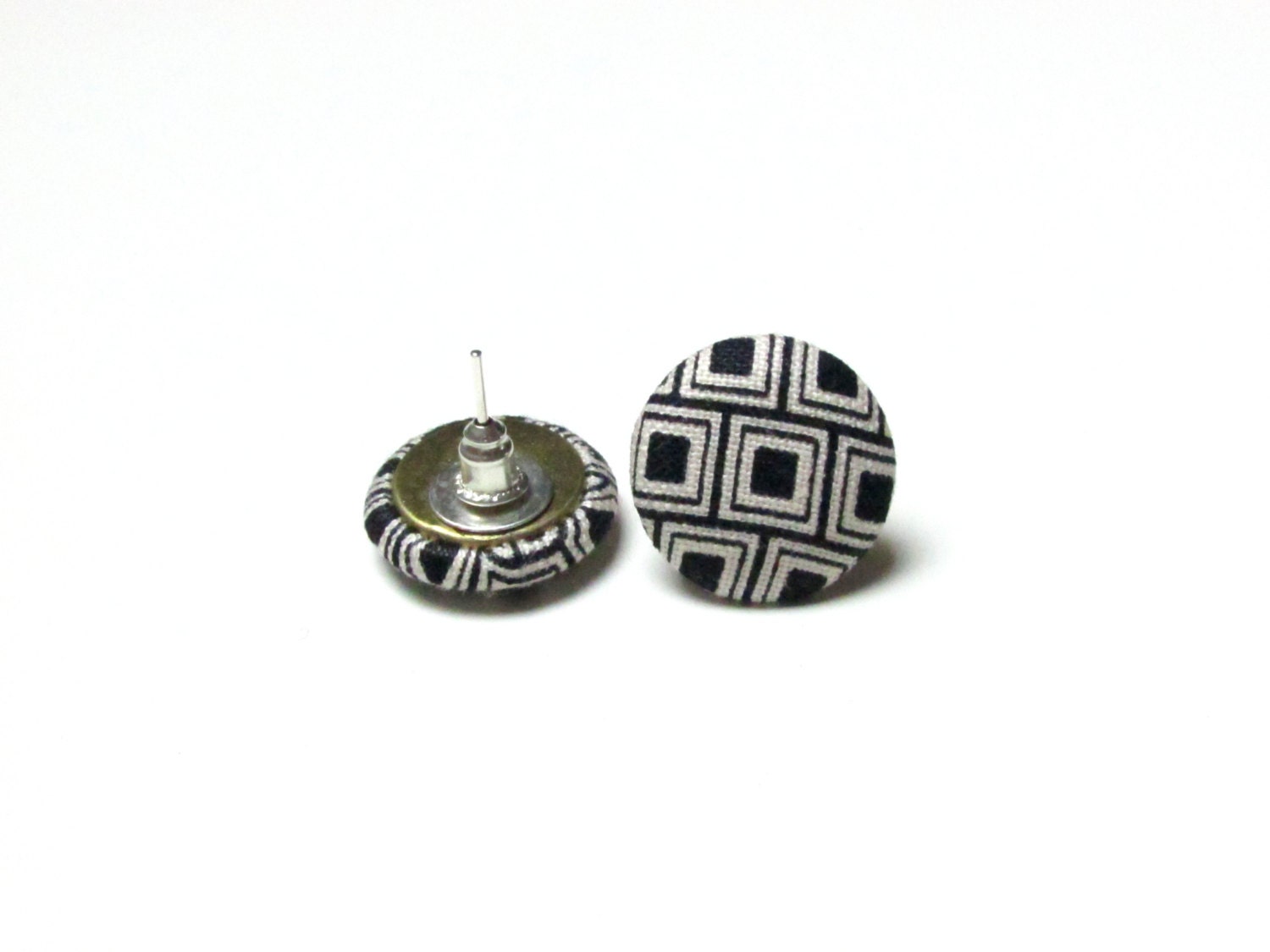 Black and white stud earrings fabric covered by LittleMissXenia