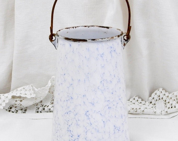 Antique French Marbled Blue and White Enamelware Milk Pail / Churn, French Country Decor, Vintage, Chateau, Shabby, Chic, Retro, Kitchen