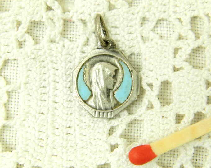 Vintage French Metal Alloy Pale Blue Enamel Religious Medal of the Virgin Mary / Christian Jewelry / Religious Jewellery / Our Lady Vintage French Metal Alloy Pale Blue Enamel Religious Medal of the Virgin Mary / Christian Jewelry / Religious Jewellery / Our Lady