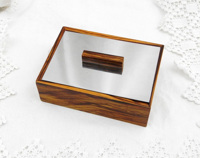 Vintage French 1960s Mid Century Modern Veneered Wood and Stainless Steel Box with Mirrored Base, Retro 60s Jewelry Trinket Container