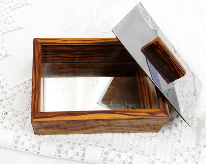 Vintage French 1960s Mid Century Modern Veneered Wood and Stainless Steel Box with Mirrored Base, Retro 60s Jewelry Trinket Container