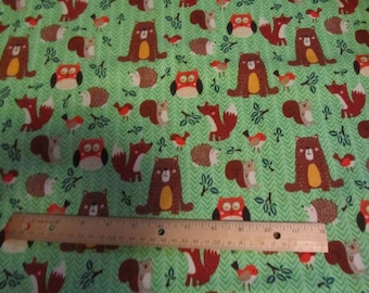 Green Woodland Animal/Bear/Fox/Squirrel/Possum/Owl Flannel Fabric by the Yard