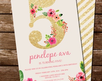 Fifth Birthday Invitation - Gold Glitter Floral Watercolor Birthday Invitation - Instant Download and Edit at home with Adobe Reader