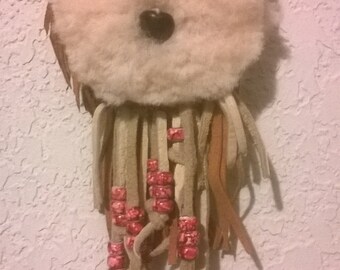 Shearling Cloud totem Amulet Bag with long beaded leather fringe,medicine bag,mountainman regalia,renaissance,resort wear,pow wow,burningman