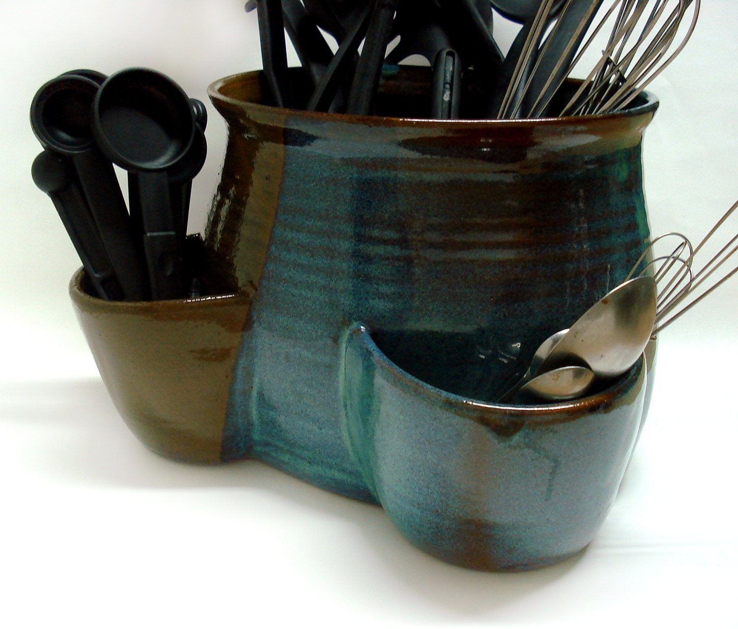 Large utensil holder Oval with two pockets Stoneware crock
