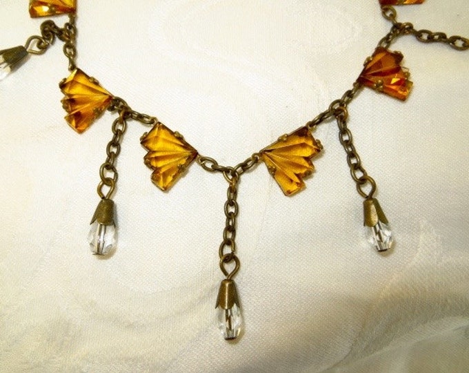 Art Deco Czech Necklace Amber Vauxhall Glass Faceted Fans with Clear Crystal Drops Czech Glass