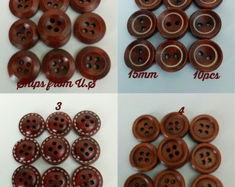 10pcs small buttons wood 15mm; available in 4 designs-natural buttons-clothing buttons-brown buttons