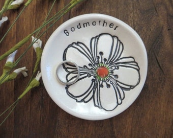 Godmother Gift, ring dish, ring holder, white flower, handmade earthenware pottery, Gift Boxed, IN STOCK