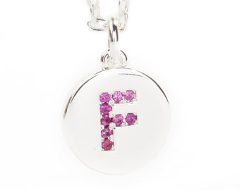 Letter F on Silver Plated Disc, Fuchsia CZ Pave Letter Charm, Initial Pendant, 11mm Dia., 2.5mm Thick, Alphabet Charm, C0UM.SI.RH09.F.P01