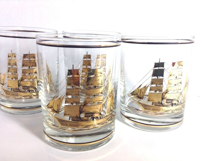 Culver Glasses Clipper Ships, Vintage Crystal Bar Ware Glasses, On The Rocks Tumblers