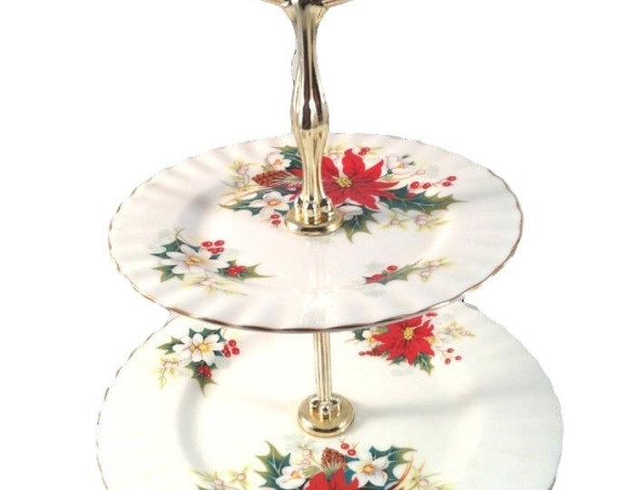 Royal Albert Serving Tray, Holiday Decor, Poinsettias, Christmas Tidbit Tray, Bone China 2 Tiered Tray, England, Gift For Christmas