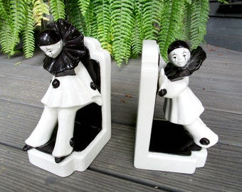 Vintage Bookends, Clown Bookends, Pierrot Clown Mime Bookends, Black White Bookends, Vintage Office Decor