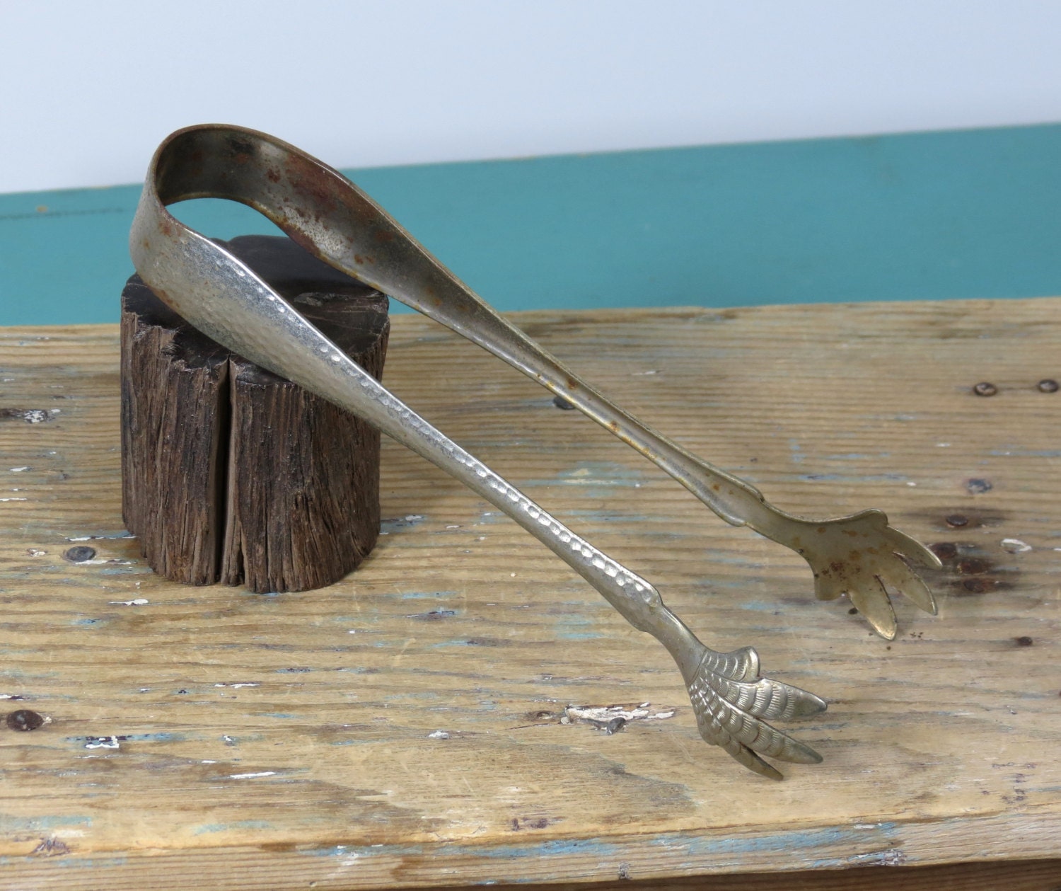 Vintage Ice Tongs . Barware . Hammered Metal . Bird Chicken