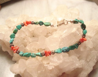Vintage Handcrafted Turquoise & Red Coral Sterling Bracelet