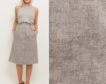 Grey skirt vintage 80s BUTTON UP skirt high waist MINIMAL pockets midi grey minimalist secretary skirt