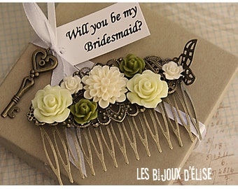 Sale - Ivory and Kaki Flower Hair Comb Wedding Cimb Bridal Comb Bridesmaid Comb Art Nouveau Style (HC23)