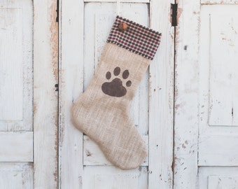 Dog Christmas Stocking in Natural Burlap with Red and Green Checkered Cuff and Bell - Paw Print - Personalized Christmas Stocking Name Tag