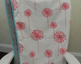 Baby Blanket - Coral Dandelions and Gray Minky Dot