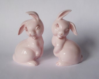 Vintage PINK Milk Glass Bunny Rabbit Salt and Pepper Shakers Easter Figurine Figure HTF Easter Bunny Cottage Chic Happy Japan Sticker