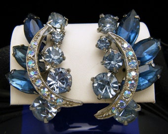 Glitzy Vintage Blue Rhinestone Clip On Earrings Chatons AB Rounds Marquis
