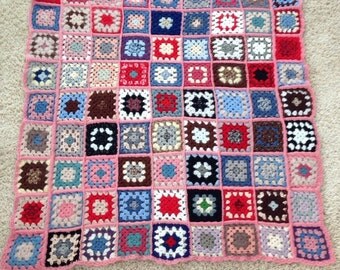 SALE! Was 48- now 28!FABULOUS, crocheted afghan, throw, blanket, hand made, beautiful colors, wool, granny squares, square, hipster, retro